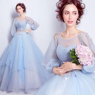 Balloon-sleeve Sequined Flower Ball Gown