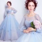 Balloon-sleeve Sequined Flower Ball Gown