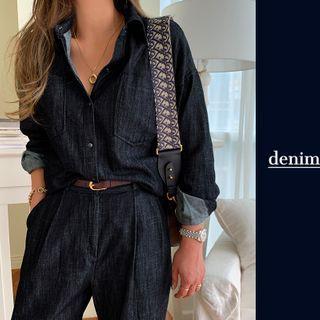 Snap-button Denim Shirt Dark Blue - One Size