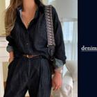 Snap-button Denim Shirt Dark Blue - One Size