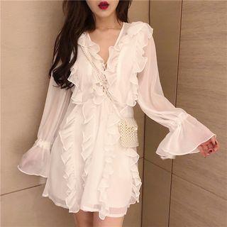 Tie-front Ruffled A-line Dress White - One Size