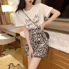 Set: Short-sleeve Print T-shirt + Leopard Print Mini Skirt