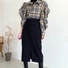Puff Sleeve Plaid Shirt / Buttoned Slit Fitted Skirt
