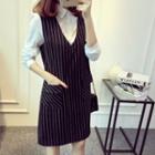 Mock Two Piece Collared Striped Long Sleeve Dress