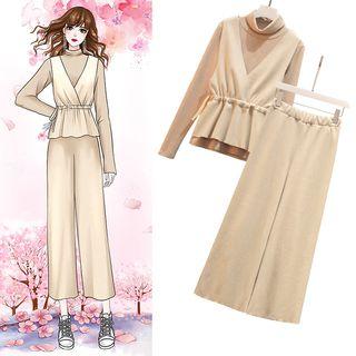 Set: Turtleneck Long-sleeve Knit Top + Drawstring Vest + Cropped Wide-leg Pants