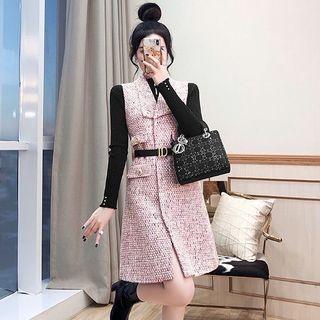 Set: Knit Top + Tweed Overall Dress