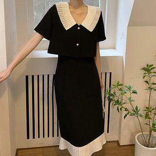 Short-sleeve Contrast Collar Cropped Blouse / Midi A-line Skirt
