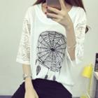 3/4-sleeve Lace Panel Printed Top