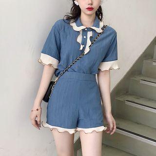 Frilled Short-sleeve T-shirt Blue - One Size