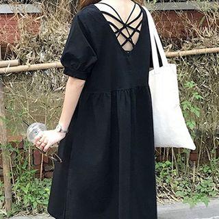 Plain V-neck Lattrce Back A-line Midi Dress