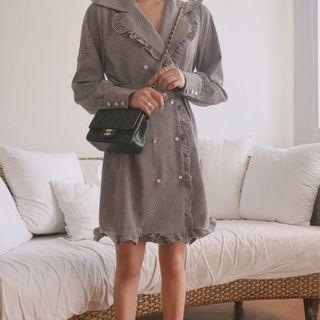 Double Breasted V-neck Plaid Dress