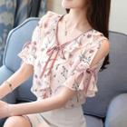 Cold Shoulder Floral Short-sleeve Chiffon Top