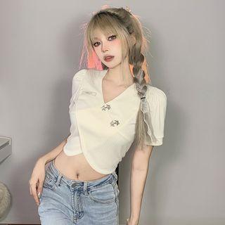 Short-sleeve V-neck Crisscross Crop Top