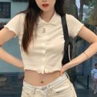 Short-sleeve Button-up Crop Top White - One Size