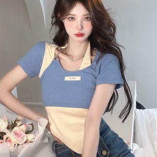 Mock Two-piece Short-sleeve Two-tone Chained T-shirt