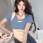 Mock Two-piece Short-sleeve Two-tone Chained T-shirt