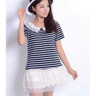 Short-sleeve Striped Lace Hem Dress