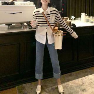 Striped Cardigan / Plain Shirt / Straight Leg Jeans