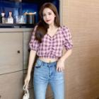 Puff-sleeve Check Cropped Blouse