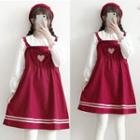 Long-sleeve Blouse / Heart Embroidered Pinafore Dress / Set: Long-sleeve Blouse + Heart Embroidered Pinafore Dress