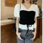 Mock Two-piece Short-sleeve Drawstring Blouse Shirt - Black & White - One Size