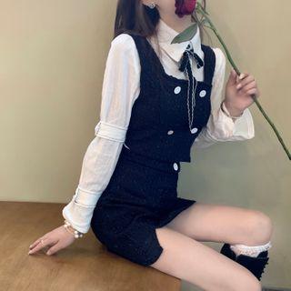 Long-sleeve Shirt / Square-neck Vest / Fitted Mini Skirt