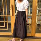 Puff-sleeve Blouse / High-waist Tie-waist Midi Skirt