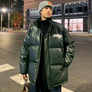 Lettering Padded Faux Leather Zip-up Jacket