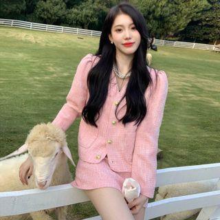 Puff-sleeve Tweed Jacket / Tweed Skirt