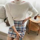 Turtleneck Cut Out Furry Sweater / Houndstooth Mini Bodycon Skirt