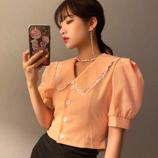 Lace Trim Collared Puff-sleeve Cropped Blouse