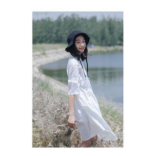 Plain Elbow-sleeve Dress White - One Size