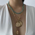Alloy Embossed Disc Pendant Layered Bead Choker Necklace 0551 - Gold - One Size