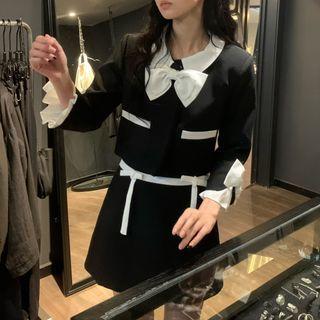 3/4-sleeve Two-tone Bow Accent Blouse / Mini A-line Skirt