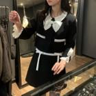 3/4-sleeve Two-tone Bow Accent Blouse / Mini A-line Skirt