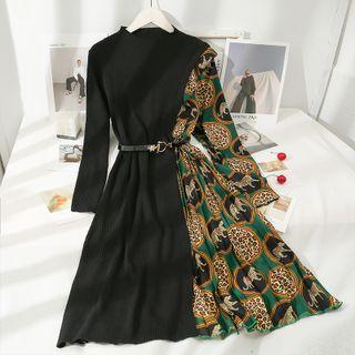 Patchwork Stand-collar Midi Dress With Belt