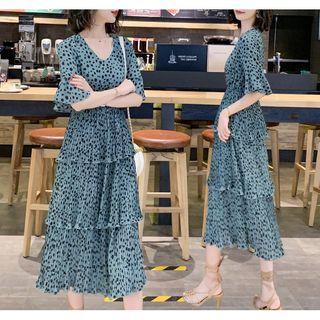 Elbow-sleeve Patterned Chiffon A-line Midi Tiered Dress