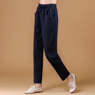 Plain Band-waist Straight-cut Pants