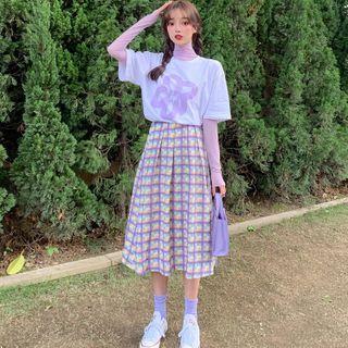 Long-sleeve Mesh T-shirt / Elbow-sleeve Printed T-shirt / Plaid Midi A-line Skirt