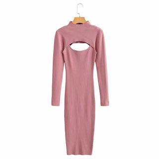 Set: Long-sleeve Mock-neck Cropped Knit Top + Sleeveless Midi Bodycon Dress Top - Pink - One Size / Dress - Pink - One Size