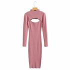 Set: Long-sleeve Mock-neck Cropped Knit Top + Sleeveless Midi Bodycon Dress Top - Pink - One Size / Dress - Pink - One Size