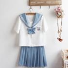 Set: Short-sleeve Sailor Collar Shirt + Mini A-line Pleated Skirt