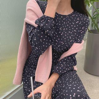 Flower Pattern Long Flare Dress Navy Blue - One Size