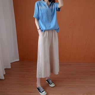 Embroidered Short-sleeve Denim Blouse / Plain Cropped Wide-leg Pants