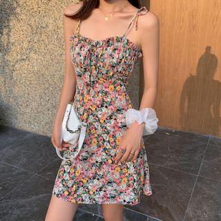 Puff-sleeve Floral Print A-line Dress / Spaghetti Strap A-line Dress
