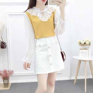 Set: Dotted Ruffled Chiffon Blouse + Plaid A-line Skirt