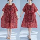 Leaf Print Elbow-sleeve Dress