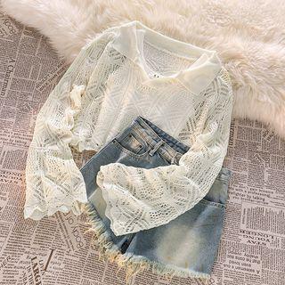 Long-sleeve Crochet Knit Top / Plain Tank Top / Distressed Denim Shorts