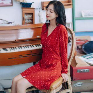 Long-sleeve V-neck Polka Dot Mini A-line Dress