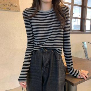 Round-neck Striped Long-sleeve Top Stripe - Gray & Black - One Size